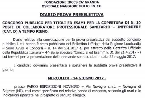 diario preselezione 10 infermieri Milano